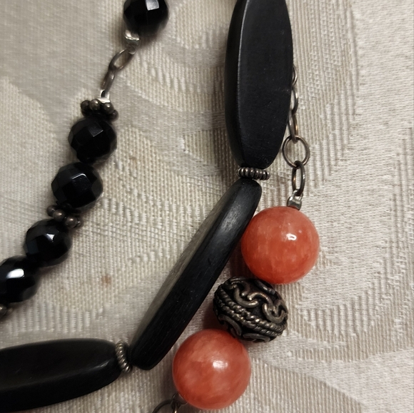 VINTAGE 80s Chunky Layered Necklace WOODEN METAL GLASS Orange Black Multi-Strand - Picture 6 of 10
